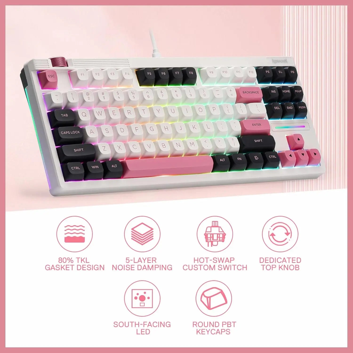 Redragon K729 Wired TKL Mechanical Gaming Keyboard – 87-Key 80% Layout, Gasket Mount, RGB & Hot-Swap