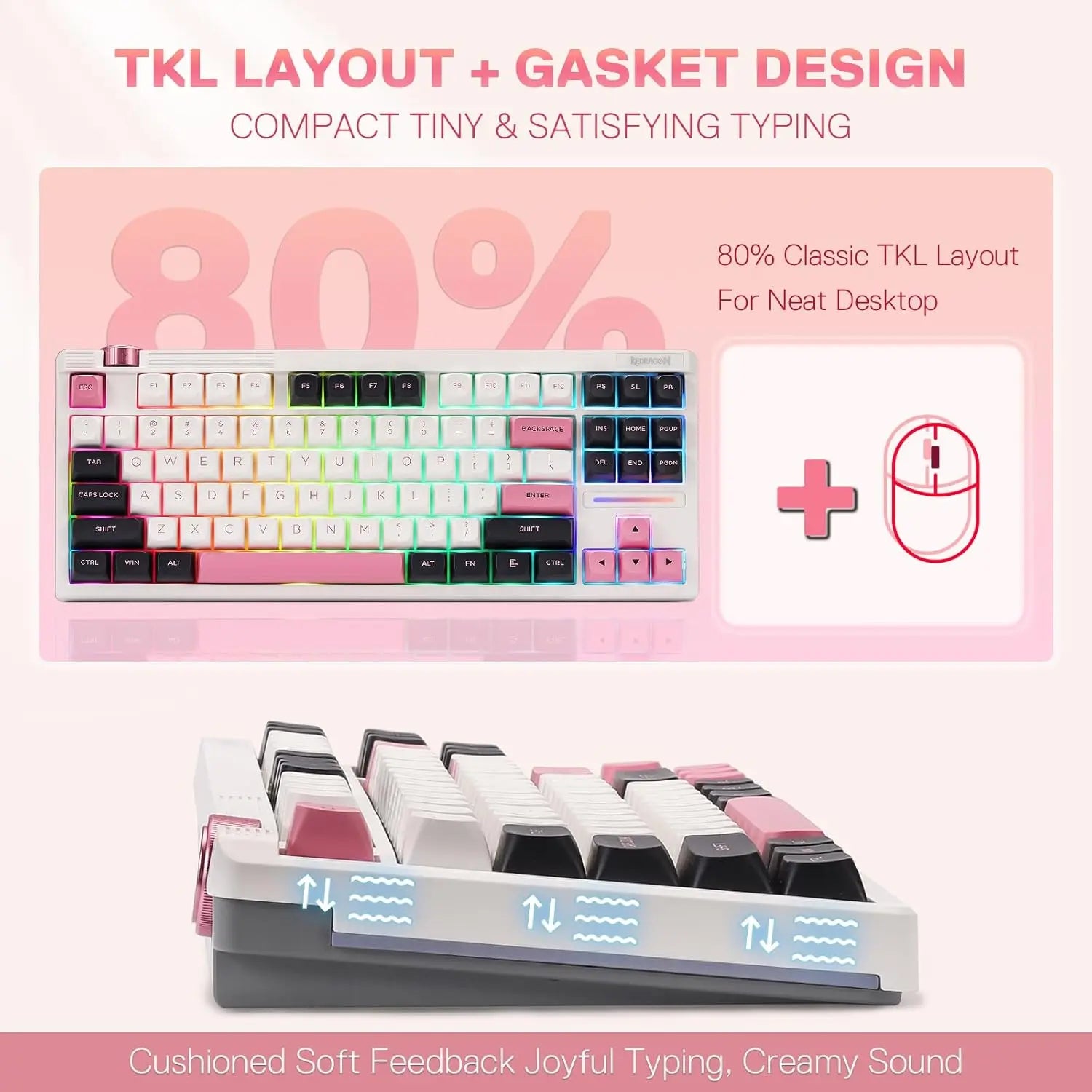 Redragon K729 Wired TKL Mechanical Gaming Keyboard – 87-Key 80% Layout, Gasket Mount, RGB & Hot-Swap