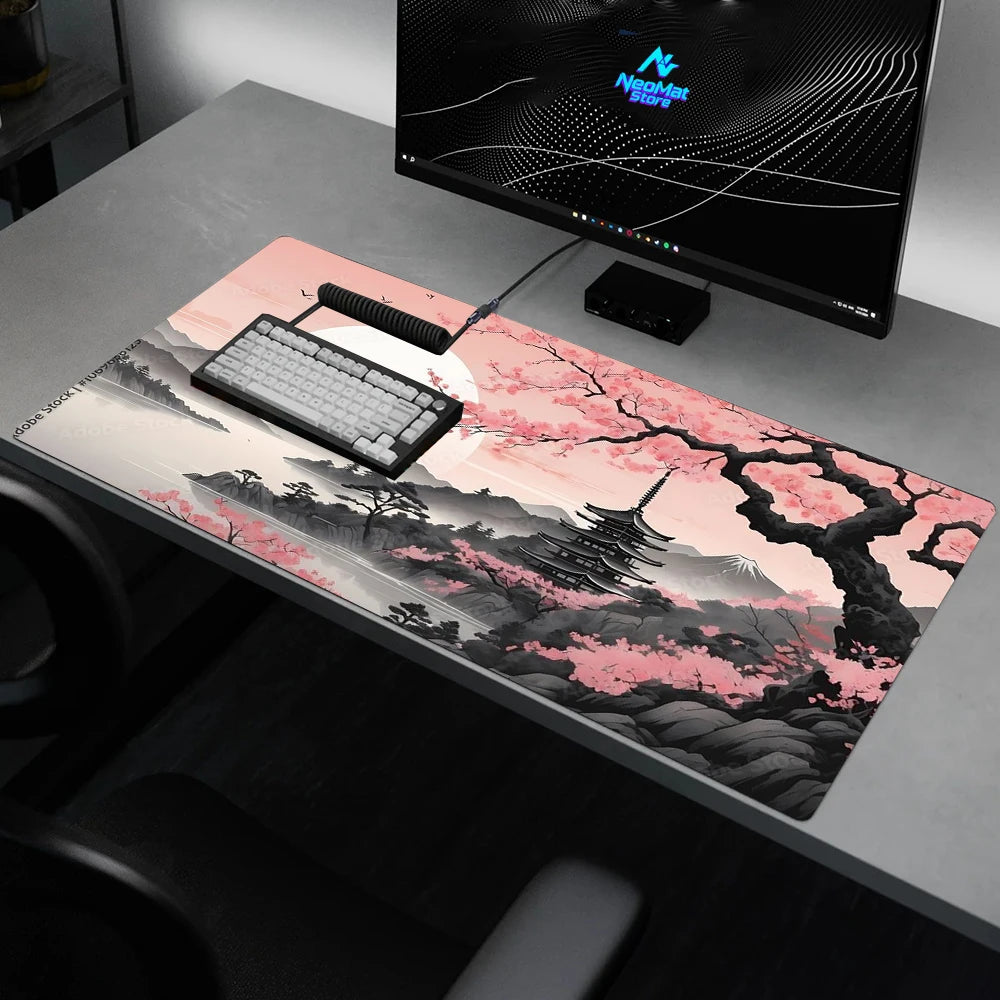Japanese Sakura Gaming Mouse Pad XXL Extended Desk Mat Fuji Pagoda Cherry Blossom