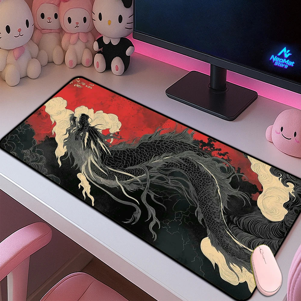 Japanese Dragon Gaming Mouse Pad XXL Extended Desk Mat Red & Black Ink Design
