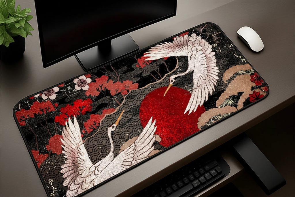 Japanese Cherry Blossom Gaming Mouse Pad XXL Extended Desk Mat Black Crane Design