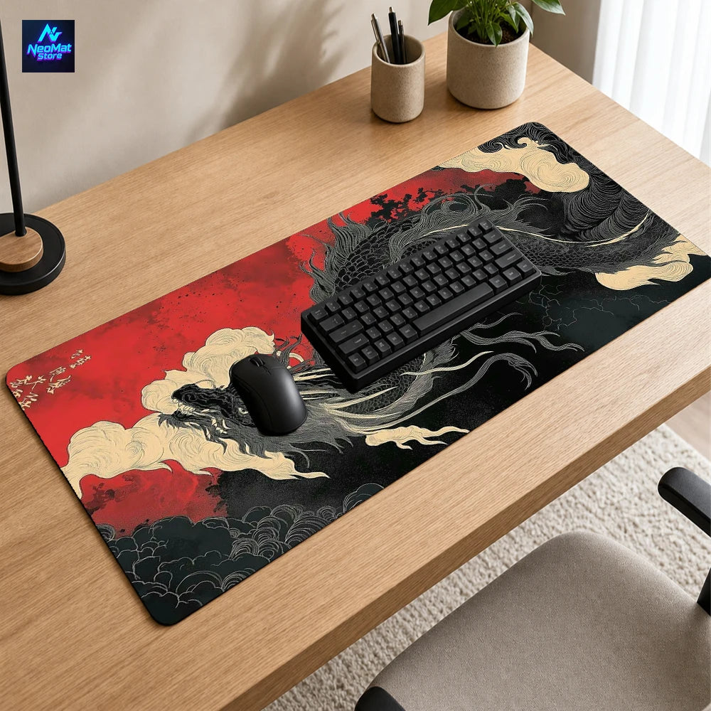 Japanese Dragon Gaming Mouse Pad XXL Extended Desk Mat Red & Black Ink Design