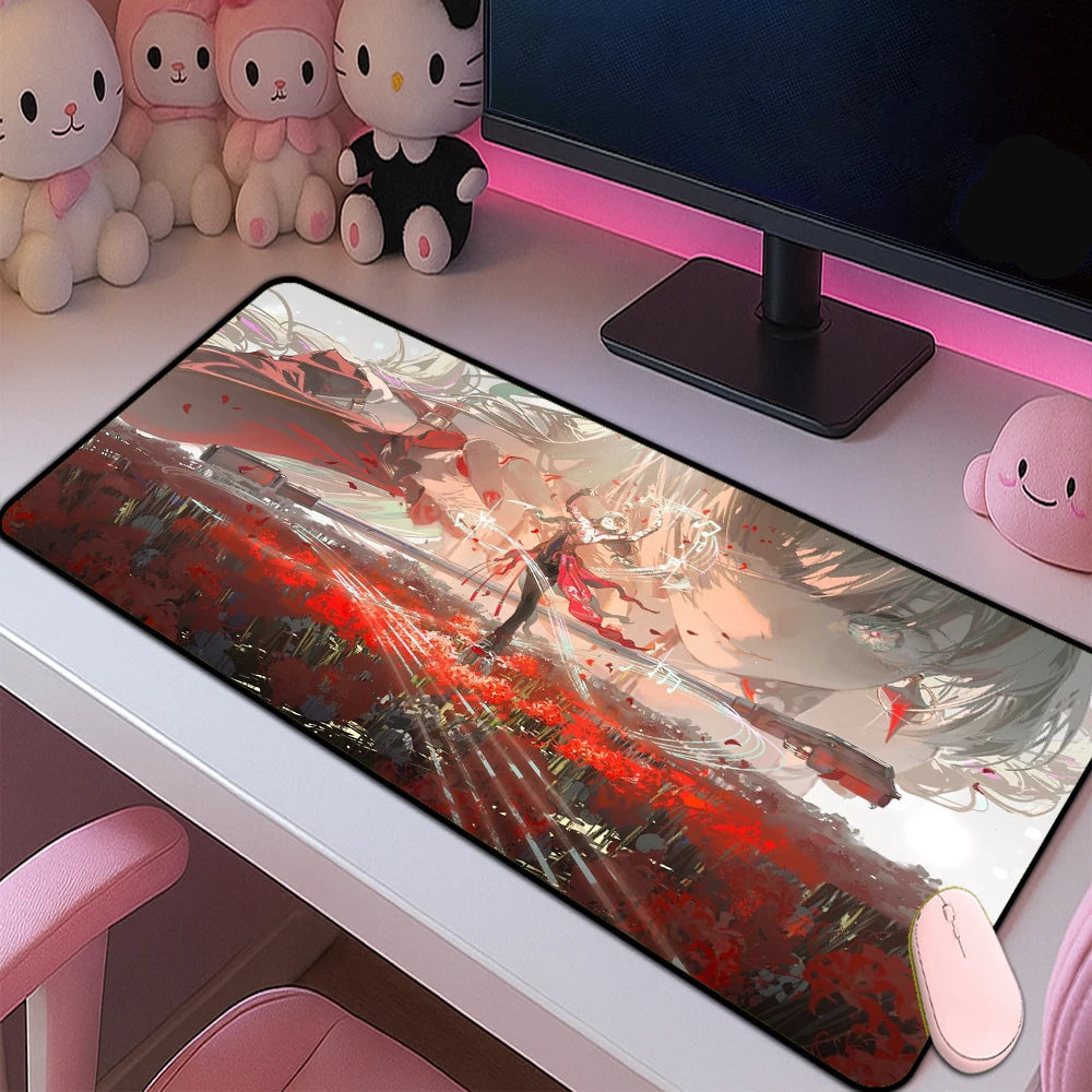 Japanese Anime Gaming Mouse Pad XXL Extended Desk Mat Red Floral Battle Scene