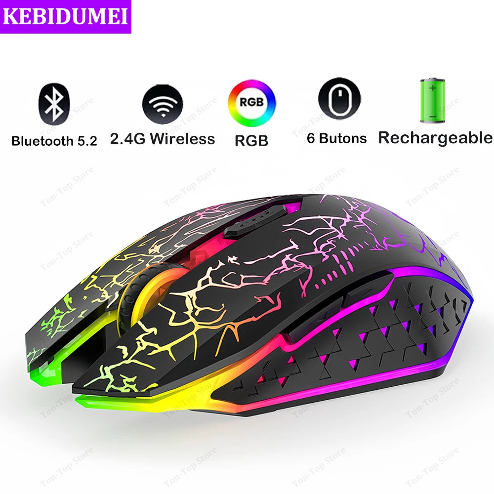 Bluetooth 5.2 & 2.4GHz Dual-Mode Wireless RGB Gaming Mouse – Silent 6-Button Mouse for PC, MacBook & Laptop