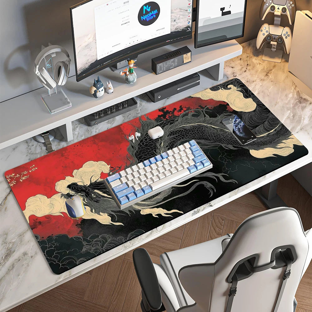 Japanese Dragon Gaming Mouse Pad XXL Extended Desk Mat Red & Black Ink Design