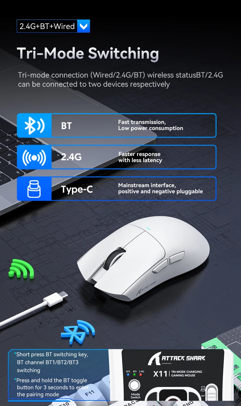 ATTACK SHARK X11 Wireless Gaming Mouse – 22,000 DPI PAW3311 Sensor, RGB Charging Dock, Lightweight Tri-Mode Mouse