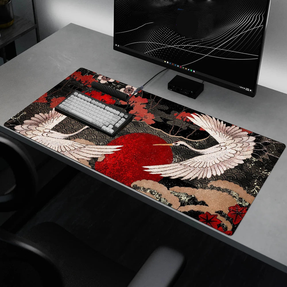 Japanese Cherry Blossom Gaming Mouse Pad XXL Extended Desk Mat Black Crane Design