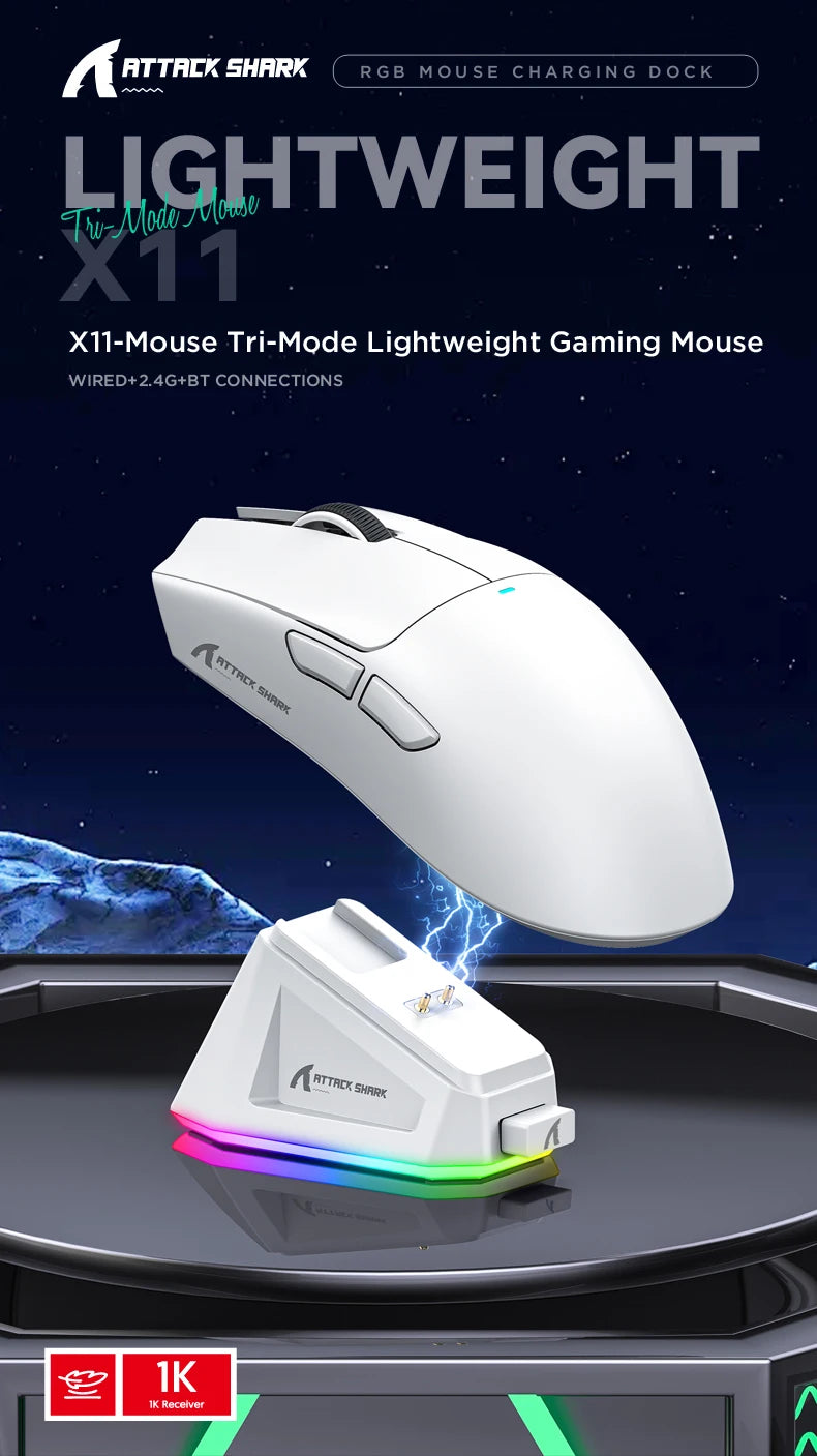 ATTACK SHARK X11 Wireless Gaming Mouse – 22,000 DPI PAW3311 Sensor, RGB Charging Dock, Lightweight Tri-Mode Mouse