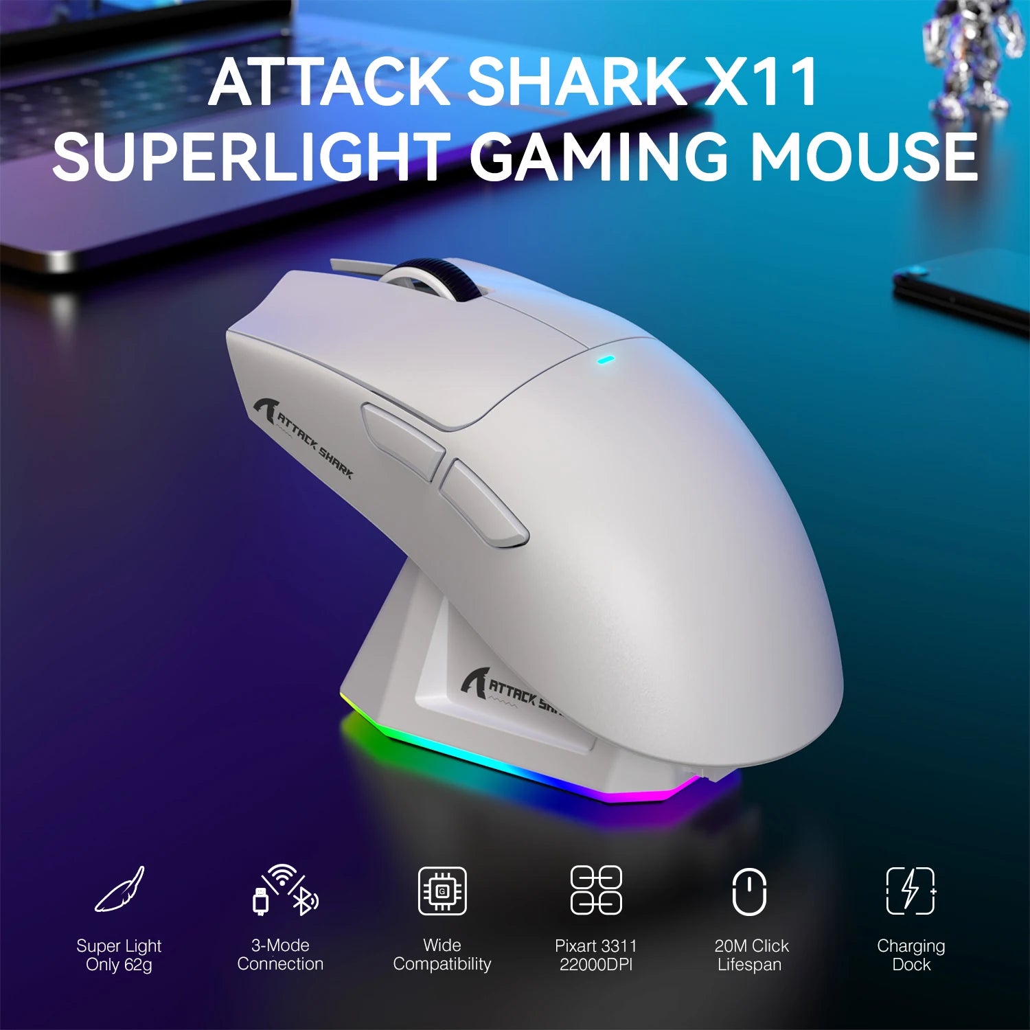 ATTACK SHARK X11 Wireless Gaming Mouse – 22,000 DPI PAW3311 Sensor, RGB Charging Dock, Lightweight Tri-Mode Mouse