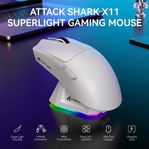 ATTACK SHARK X11 Wireless Gaming Mouse – 22,000 DPI PAW3311 Sensor, RGB Charging Dock, Lightweight Tri-Mode Mouse