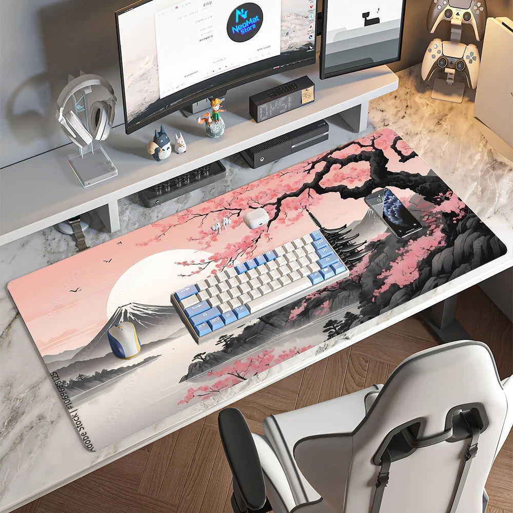 Japanese Sakura Gaming Mouse Pad XXL Extended Desk Mat Fuji Pagoda Cherry Blossom