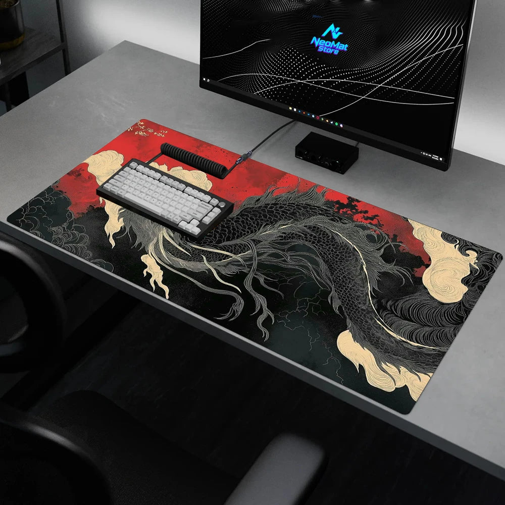Japanese Dragon Gaming Mouse Pad XXL Extended Desk Mat Red & Black Ink Design