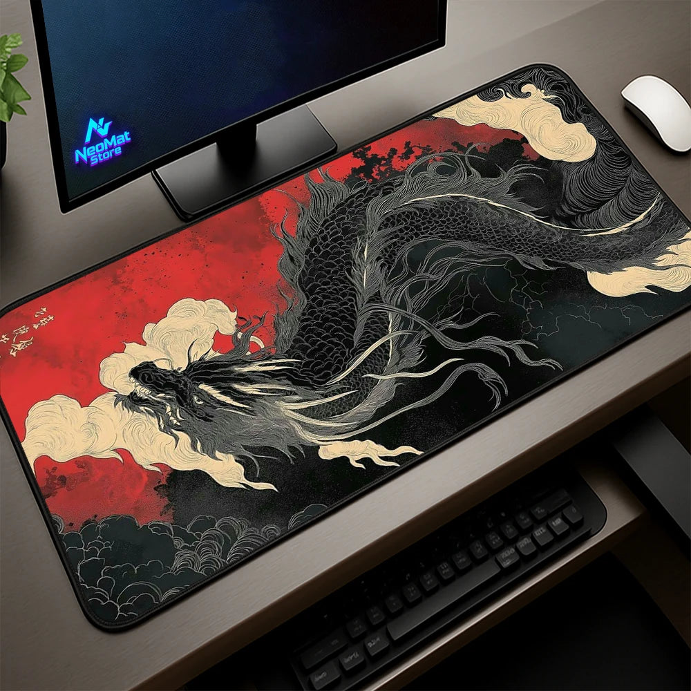 Japanese Dragon Gaming Mouse Pad XXL Extended Desk Mat Red & Black Ink Design