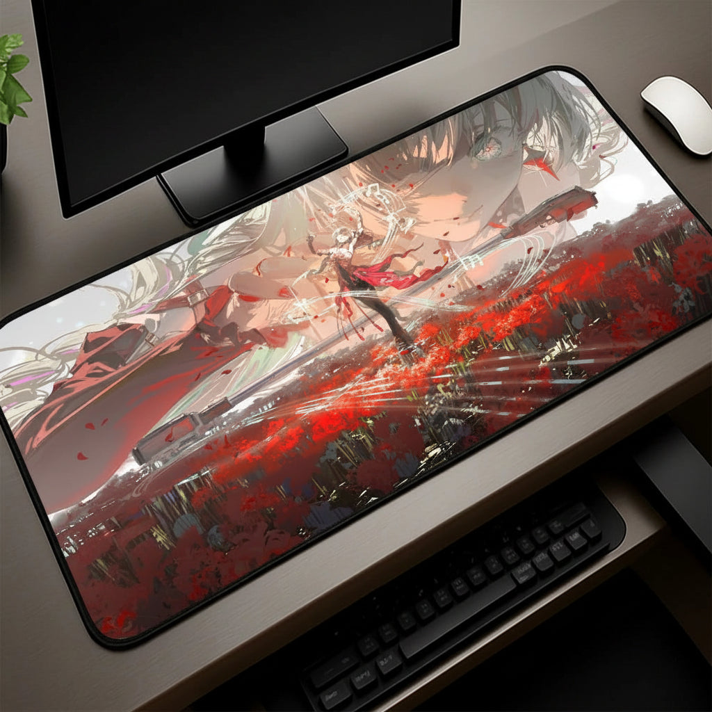 Japanese Anime Gaming Mouse Pad XXL Extended Desk Mat Red Floral Battle Scene