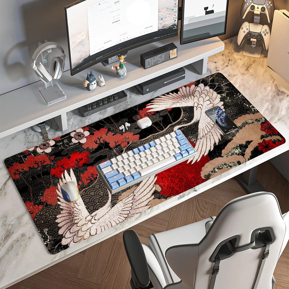 Japanese Cherry Blossom Gaming Mouse Pad XXL Extended Desk Mat Black Crane Design