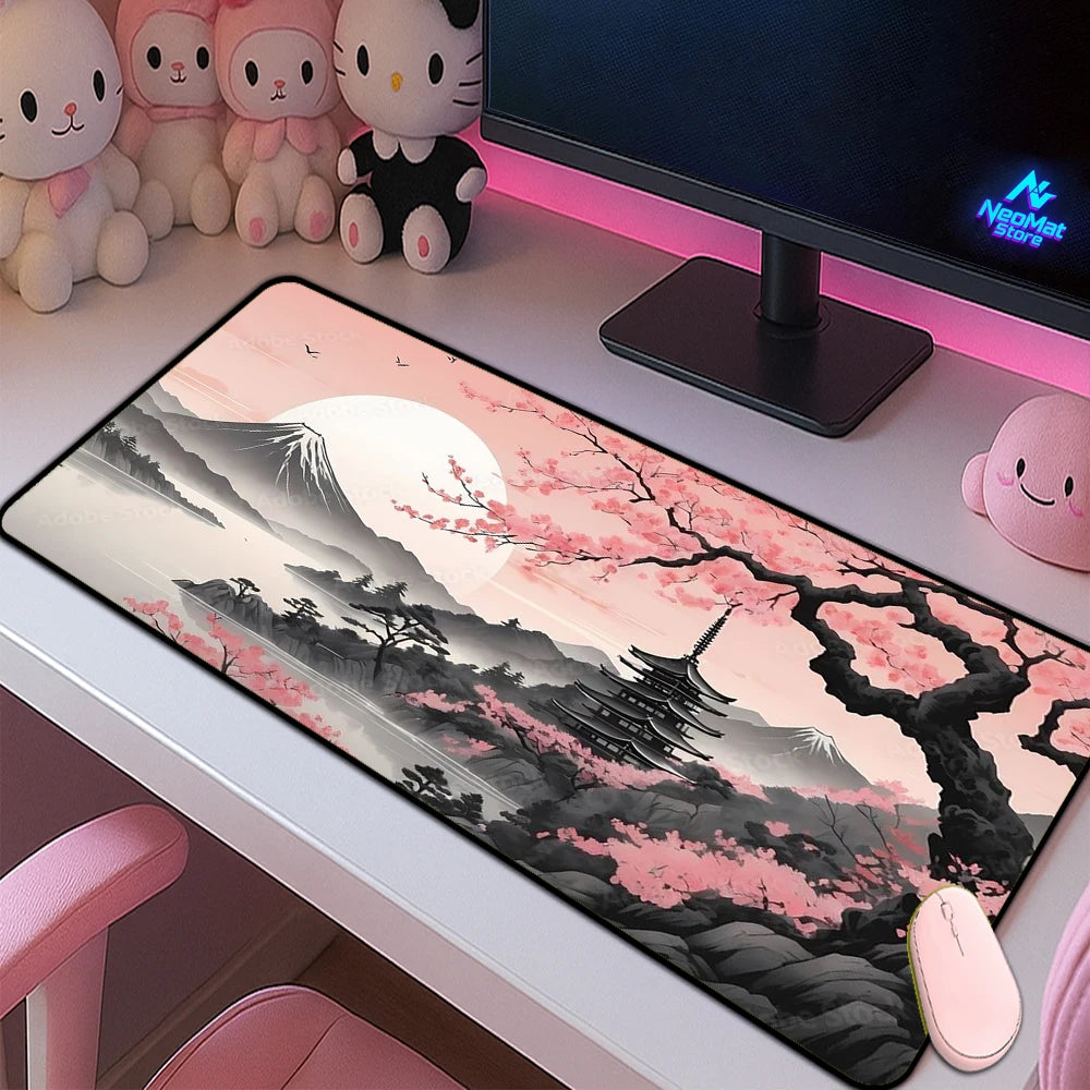 Japanese Sakura Gaming Mouse Pad XXL Extended Desk Mat Fuji Pagoda Cherry Blossom