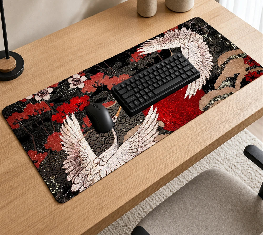 Japanese Cherry Blossom Gaming Mouse Pad XXL Extended Desk Mat Black Crane Design