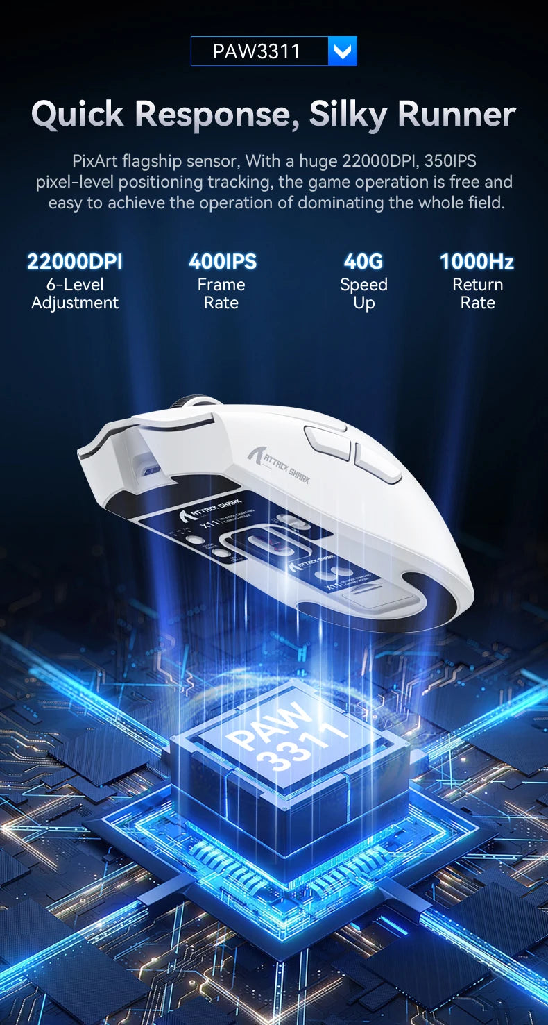 ATTACK SHARK X11 Wireless Gaming Mouse – 22,000 DPI PAW3311 Sensor, RGB Charging Dock, Lightweight Tri-Mode Mouse