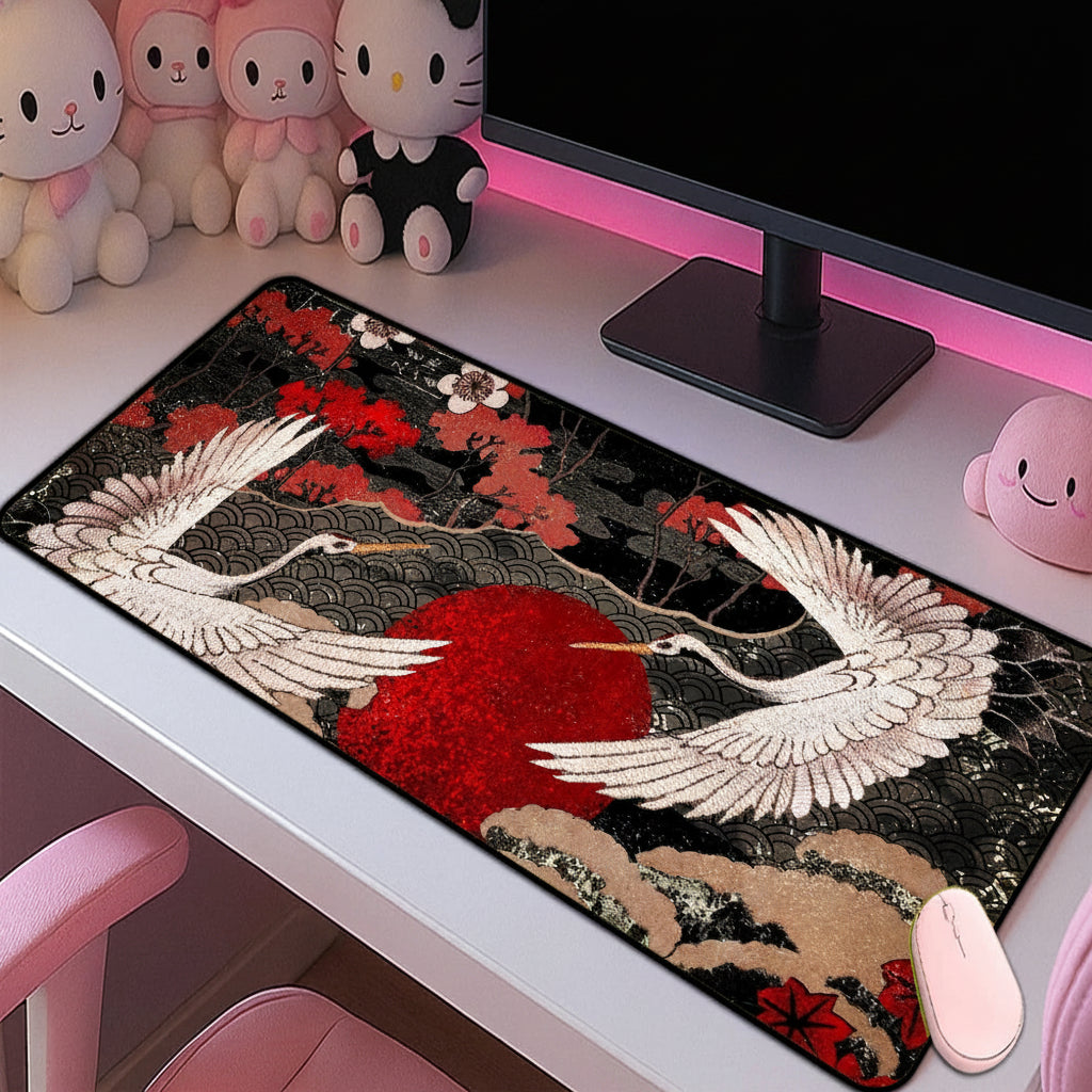 Japanese Cherry Blossom Gaming Mouse Pad XXL Extended Desk Mat Black Crane Design