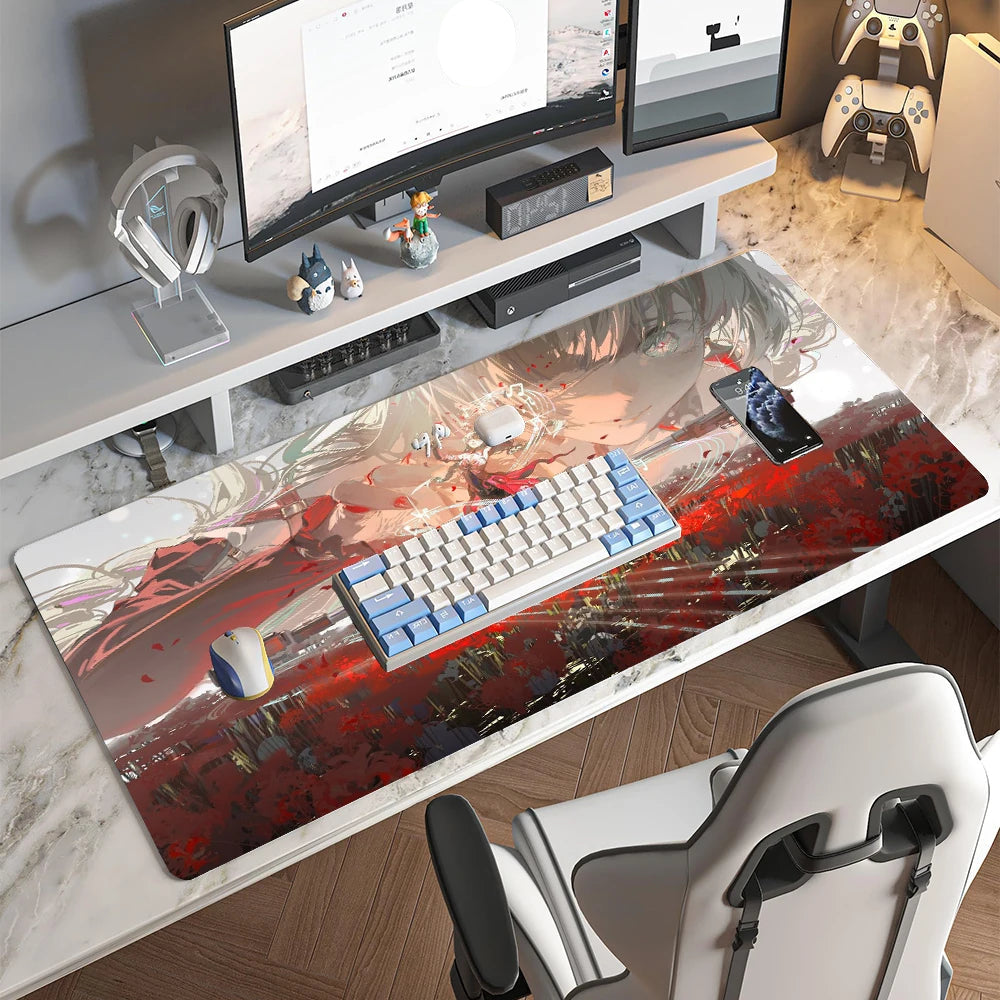 Japanese Anime Gaming Mouse Pad XXL Extended Desk Mat Red Floral Battle Scene