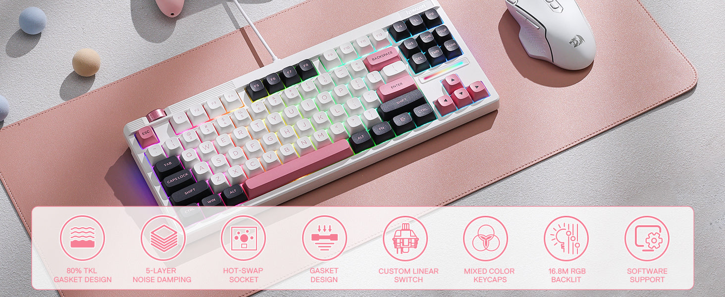Redragon K729 Wired TKL Mechanical Gaming Keyboard – 87-Key 80% Layout, Gasket Mount, RGB & Hot-Swap